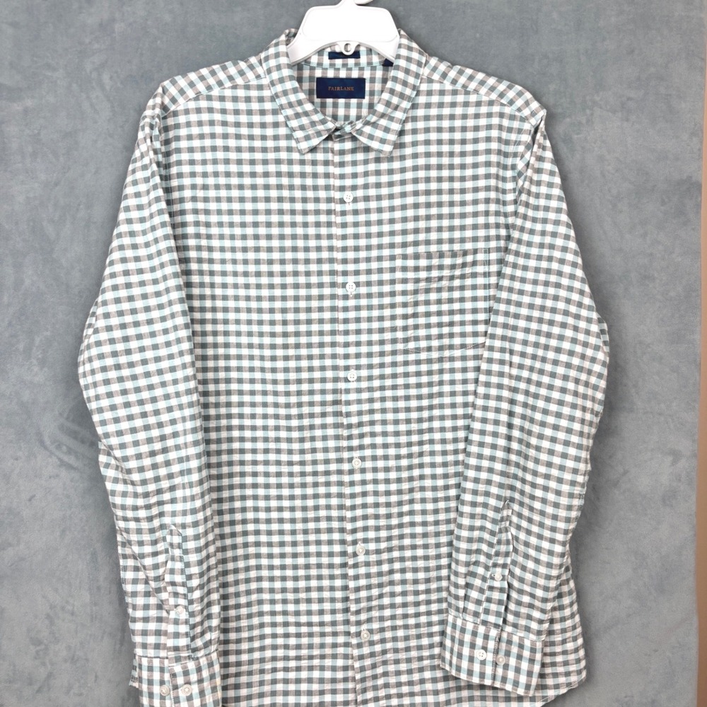 Fairlane Mens Slim Fit Gingham Button Down Shirt Teal Grey Linen Blend Large